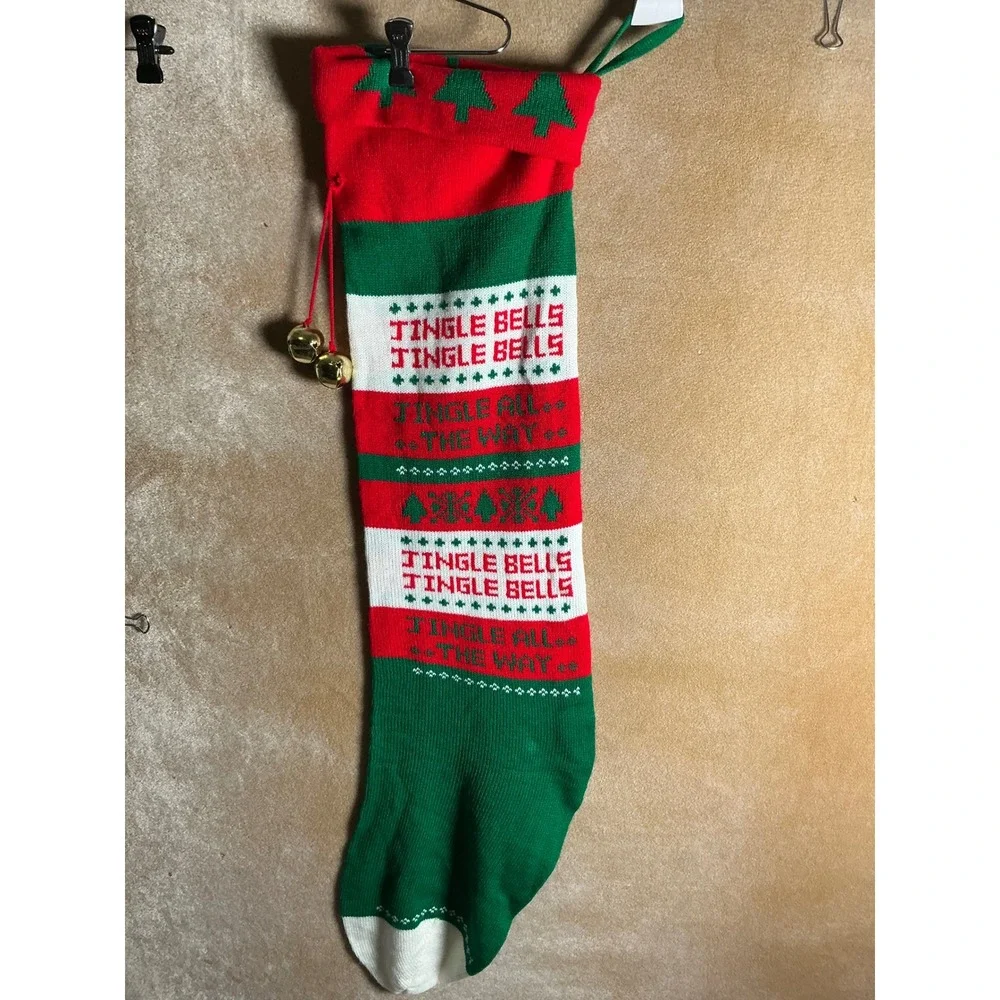 Christmas Stocking Jingle‎ Bells Jingle All The Way Red Green White Knit Bells